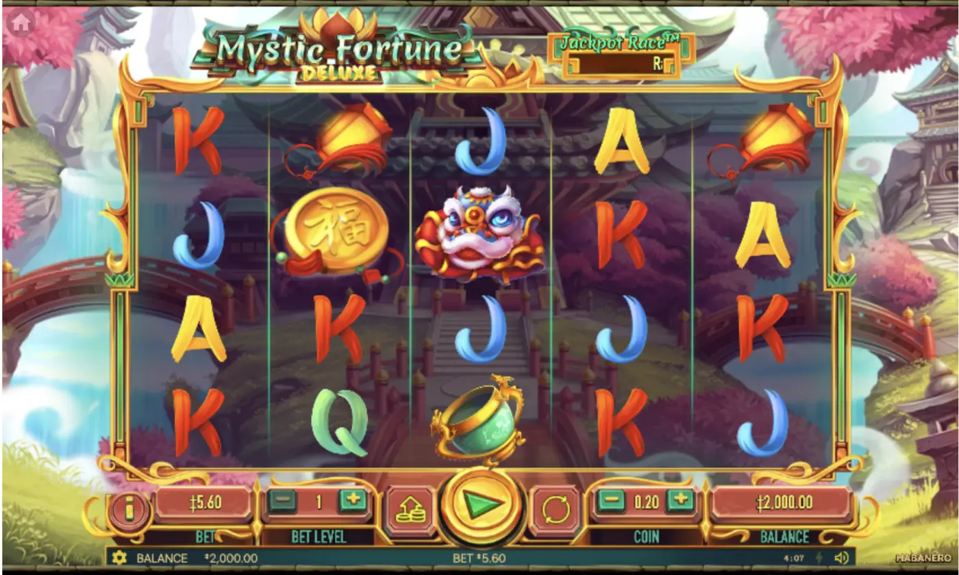 Mystic Fortune Deluxe demo reels showing the 5x4 grid and the Jackpot Race counter
